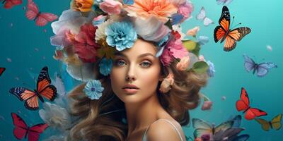 young woman with a wreath of flowers on her head photo