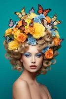 young woman with a wreath of flowers on her head photo