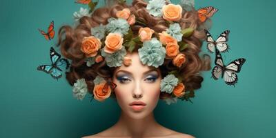 young woman with a wreath of flowers on her head photo