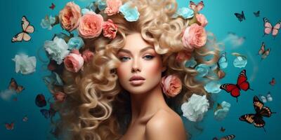 young woman with a wreath of flowers on her head photo