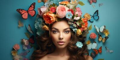 joven mujer con un guirnalda de flores en su cabeza foto