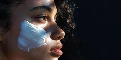 young woman with cosmetic cream on her face skin care photo