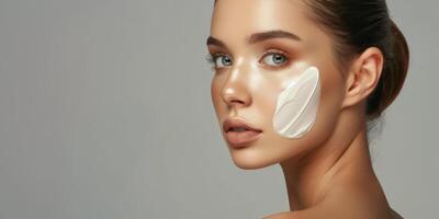 young woman with cosmetic cream on her face skin care photo