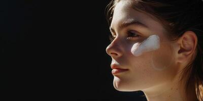 young woman with cosmetic cream on her face skin care photo