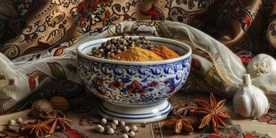 Ceramic bowl with mixed spices photo