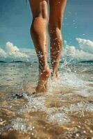 female feet in the sand on the beach photo