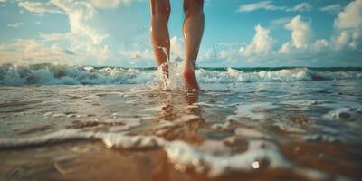 female feet in the sand on the beach photo