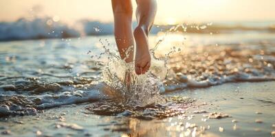 female feet in the sand on the beach photo