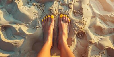 female feet in the sand on the beach photo