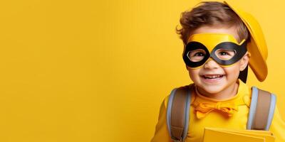 niño con mochila y libros espalda a colegio foto