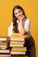 child with backpack and books back to school photo