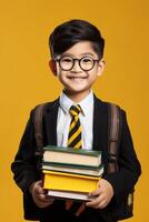 niño con mochila y libros espalda a colegio foto