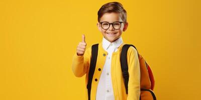 niño con mochila y libros espalda a colegio foto