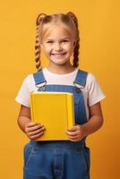 niño con mochila y libros espalda a colegio foto