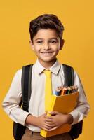 niño con mochila y libros espalda a colegio foto