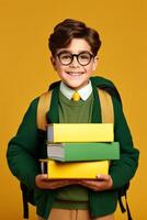 child with backpack and books back to school photo