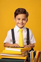 child with backpack and books back to school photo