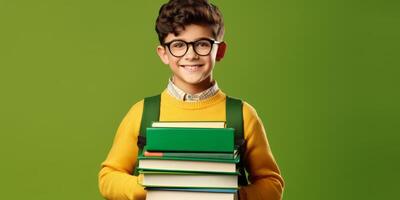 niño con mochila y libros espalda a colegio foto