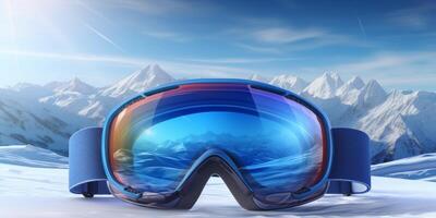 ski goggles with mountain reflection photo