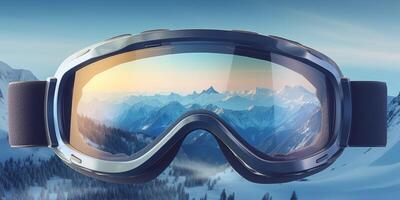 ski goggles with mountain reflection photo