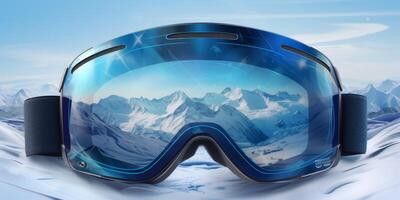 ski goggles with mountain reflection photo