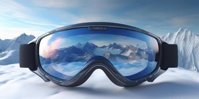 ski goggles with mountain reflection photo