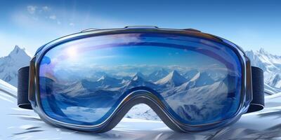 ski goggles with mountain reflection photo