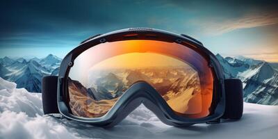 ski goggles with mountain reflection photo