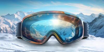 ski goggles with mountain reflection photo