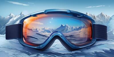 ski goggles with mountain reflection photo