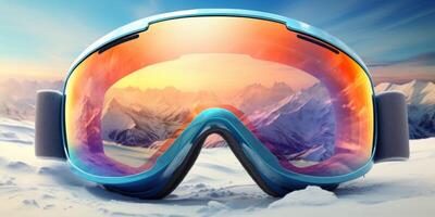 ski goggles with mountain reflection photo