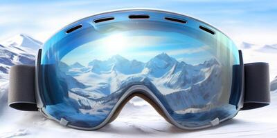 ski goggles with mountain reflection photo