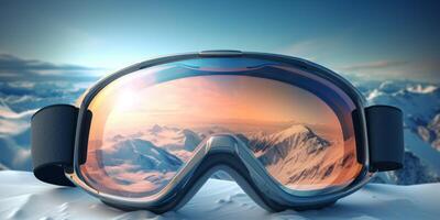 ski goggles with mountain reflection photo