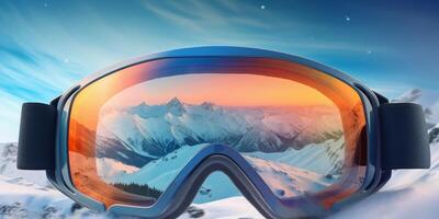 ski goggles with mountain reflection photo