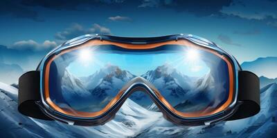 ski goggles with mountain reflection photo