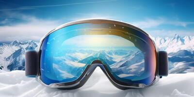 ski goggles with mountain reflection photo