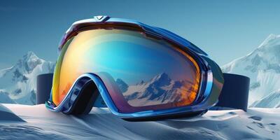 ski goggles with mountain reflection photo