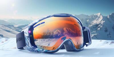 ski goggles with mountain reflection photo