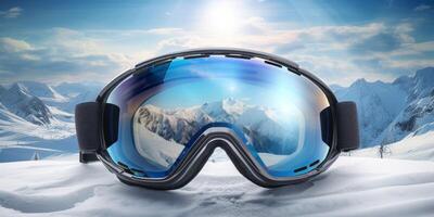 ski goggles with mountain reflection photo