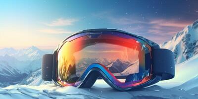 ski goggles with mountain reflection photo