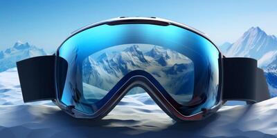 ski goggles with mountain reflection photo