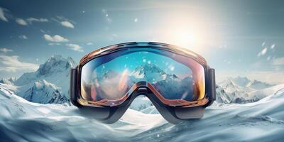 ski goggles with mountain reflection photo