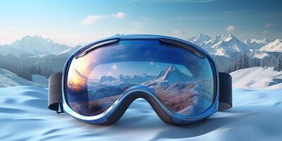 ski goggles with mountain reflection photo