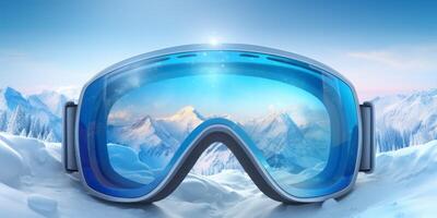 ski goggles with mountain reflection photo