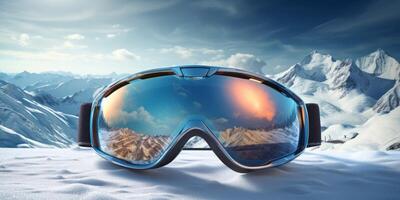 ski goggles with mountain reflection photo