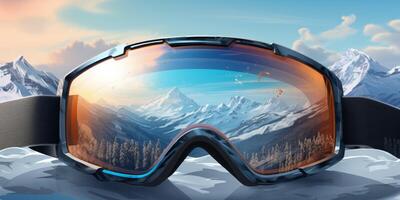 ski goggles with mountain reflection photo