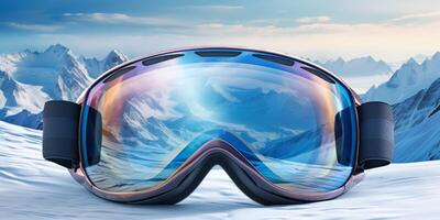 ski goggles with mountain reflection photo