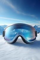 ski goggles with mountain reflection photo