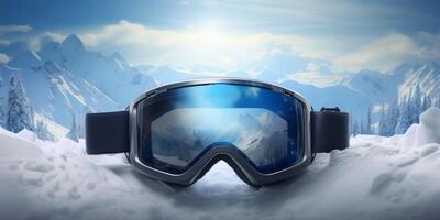 ski goggles with mountain reflection photo