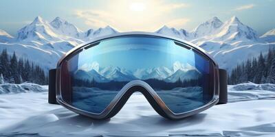 ski goggles with mountain reflection photo